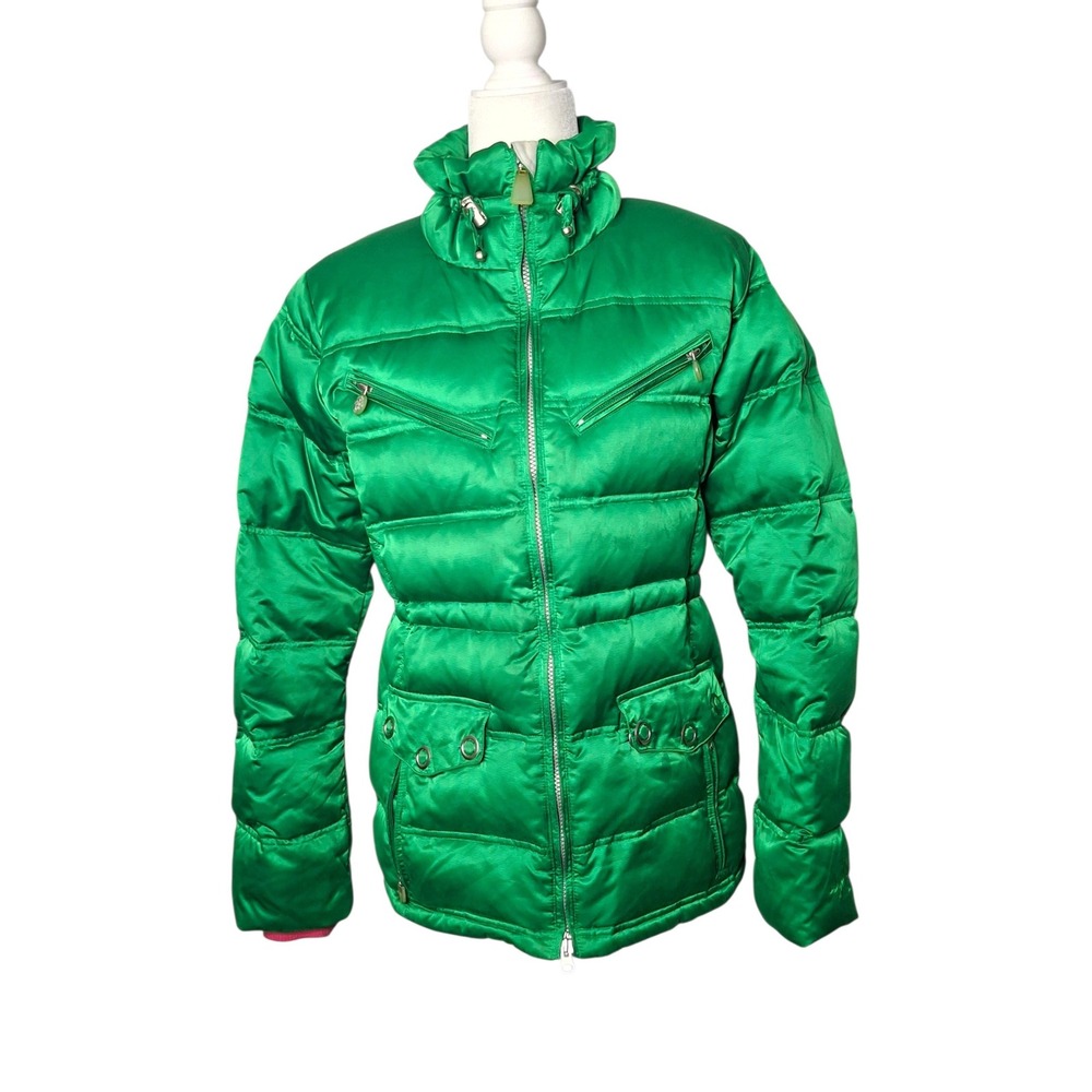 Obermeyer Clarendon Green Satin Puffer Ski Jacket 100% Goose Down Size 10 *READ
